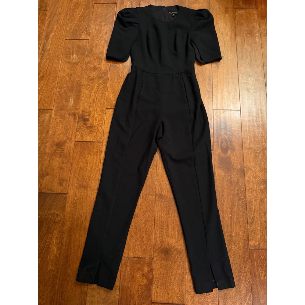 Black Halo Jumpsuit Womens 2 Black Puff Sleeve Slim Leg Hem Slit Crepe